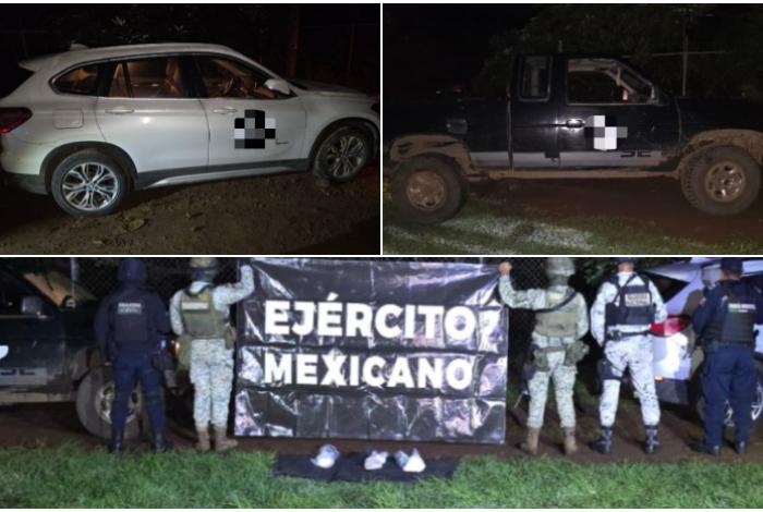 Aseguran enervante y 2 camionetas con siglas de un grupo delictivo en Uruapan