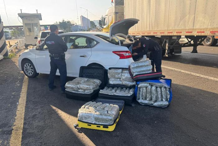 Aseguran Guardianes del Camino 5 maletas con 65 kilos de mariguana en la Autopista de Occidente: SSP