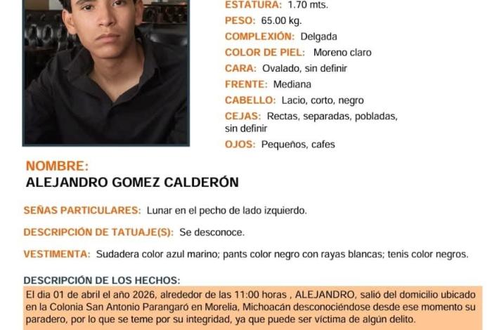 Buscan a joven de 18 años desaparecido en San Antonio Parangaré, Morelia