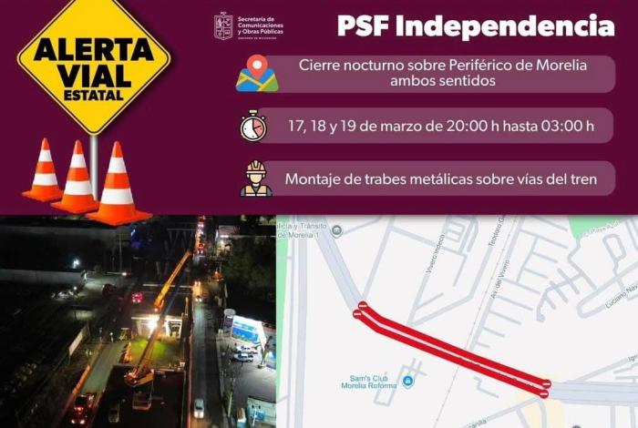 Cierre nocturno en Periférico de Morelia por instalación de trabes