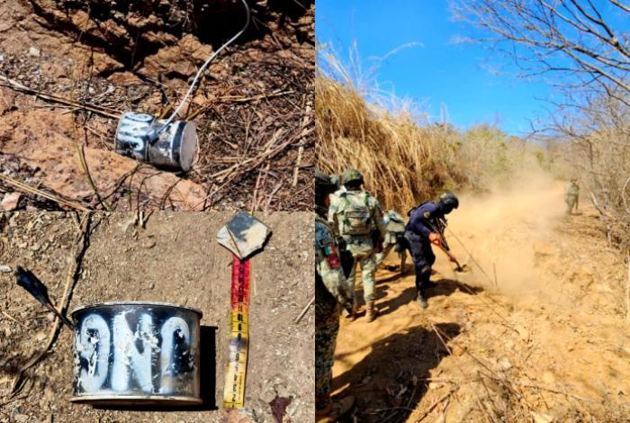 Defensa y Guardia Civil desactivan cuatro explosivos tipo mina, en brecha de Apatzingán