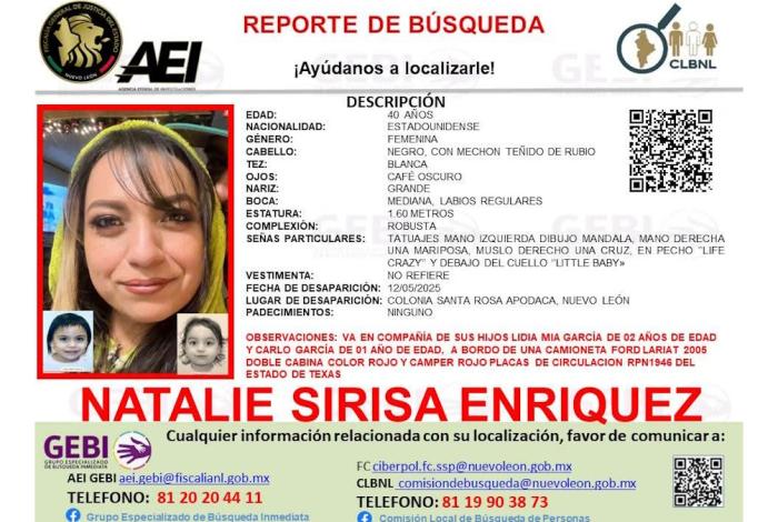 Desaparece una mujer estadounidense con sus dos hijos en Nuevo León