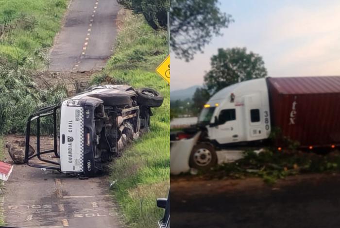 Dos accidentes en la Morelia - Pátzcuaro; tráiler se sale del camino y una patrulla volcada