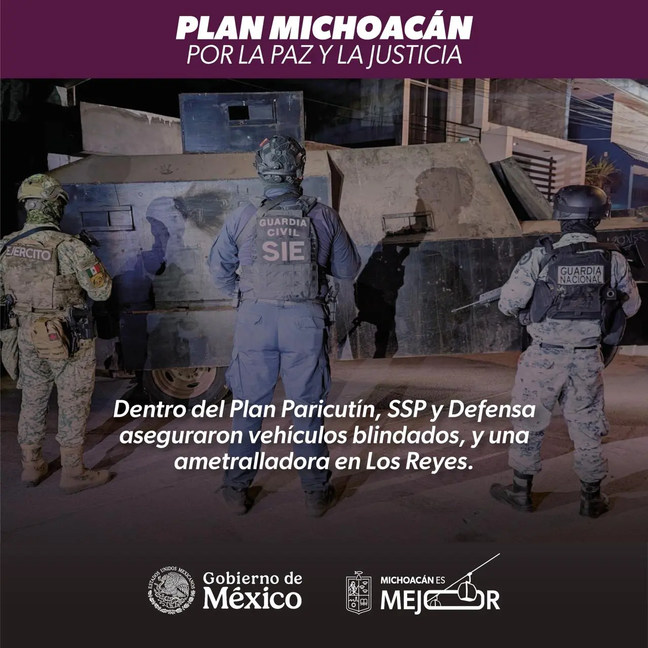 En Plan Paricutín, SSP y Defensa aseguran vehículos blindados y ametralladora en Los Reyes