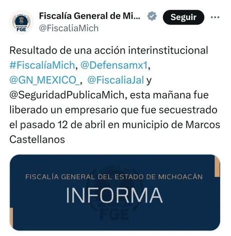 FGE rescata a empresario secuestrado en Michoacán