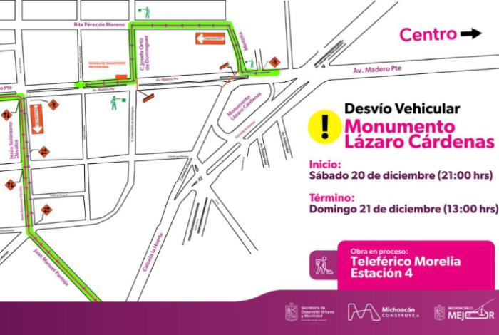 Instalación de torre del teleférico en el Monumento generará desvíos viales en Morelia; te decimos cuáles y horarios