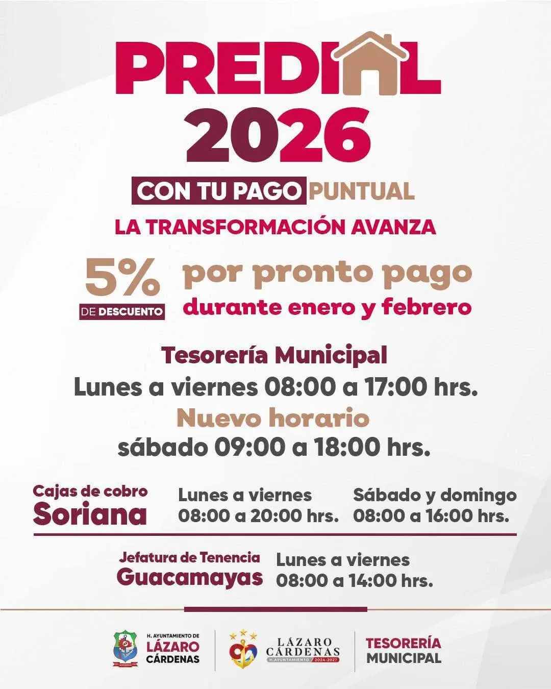 Últimos días para aprovechar el 5% de descuento en el pago del Predial 2026 en Lázaro Cárdenas