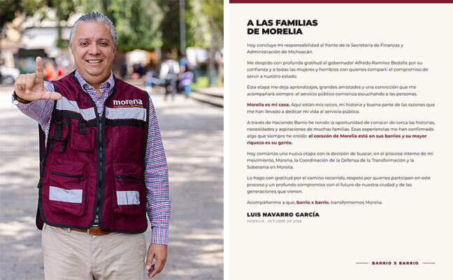 Luis Navarro se registra por la coordinación de la 4T enMorelia: “El corazón de Morelia está en sus barrios”