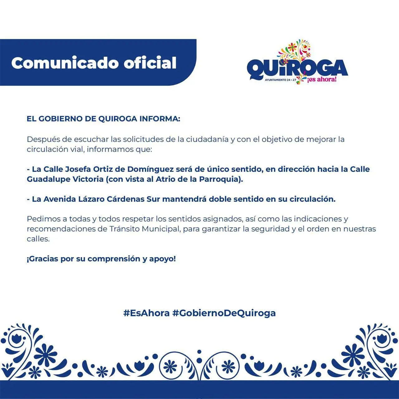 Mejora Gobierno de Quiroga la circulación vial con medidas responsables y viables