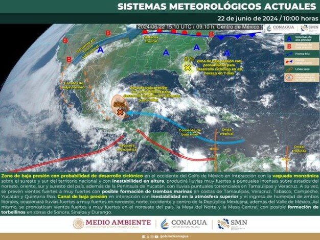 México vigila zona de baja presión con potencial ciclónico al suroeste del Golfo de México