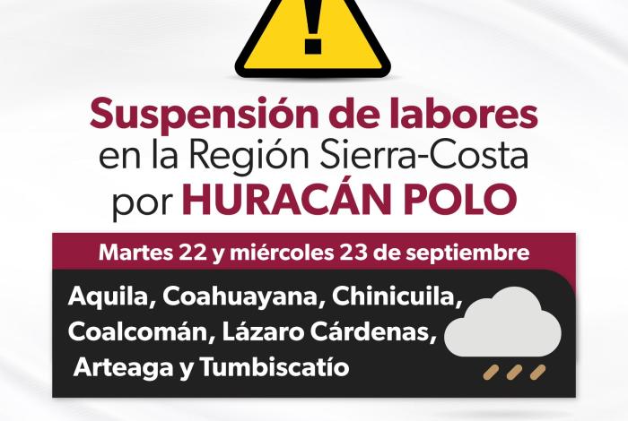#Michoacán | Se suspenden clases en 7 municipios de la Región Sierra Costa por huracán “Polo”