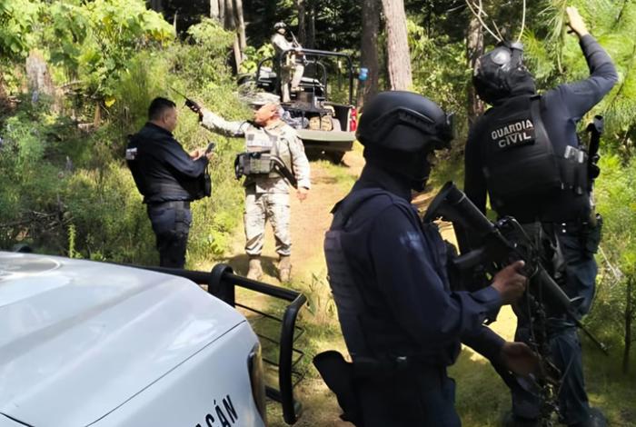 Policías y soldados aseguran explosivos y vehículos en una zona boscosa de Salvador Escalante