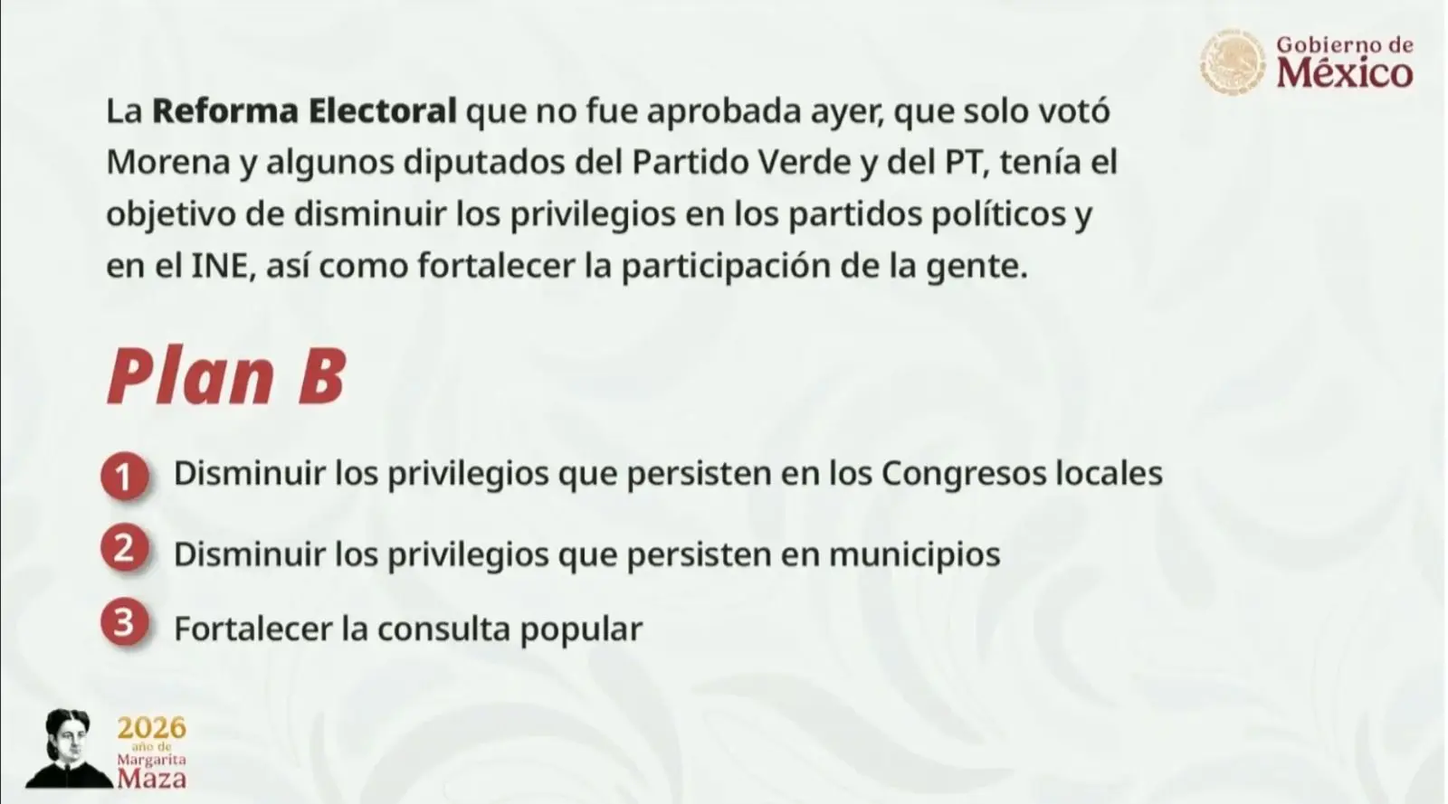 PRESIDENTA CLAUDIA SHEINBAUM ENVIARÁ EL LUNES PLAN B DE LA REFORMA ELECTORAL PARA DISMINUIR PRIVILEGIOS EN CONGRESOS LOCALES, EN MUNICIPIOS Y FORTALECER LA CONSULTA POPULAR