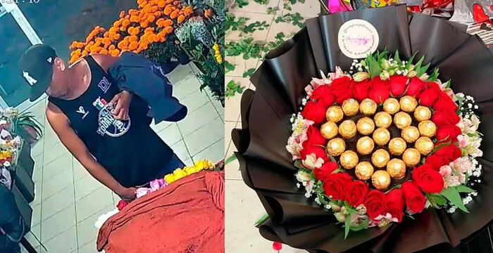 Roba ramo de flores para su novia, ella lo presume, y florería lo identifica (Video)