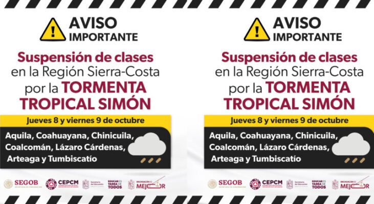 Se suspenden clases presenciales en siete municipios por la tormenta tropical Simón