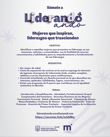  Sigue abierta ‘Liderando Ando’, convocatoria para mujeres líderes en Morelia