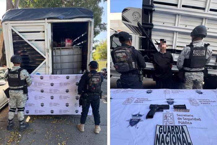 SSP aseguran a hombre con arma y presunto combustible ilegal en Huandacareo