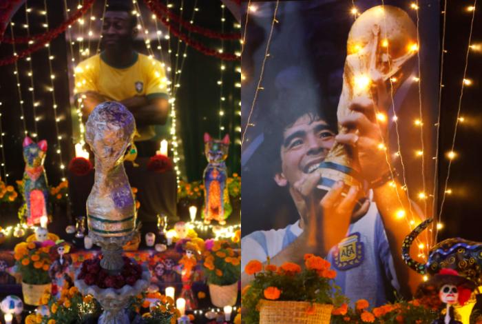 Un altar de muertos en México recuerda a los astros del fútbol Pelé y Maradona