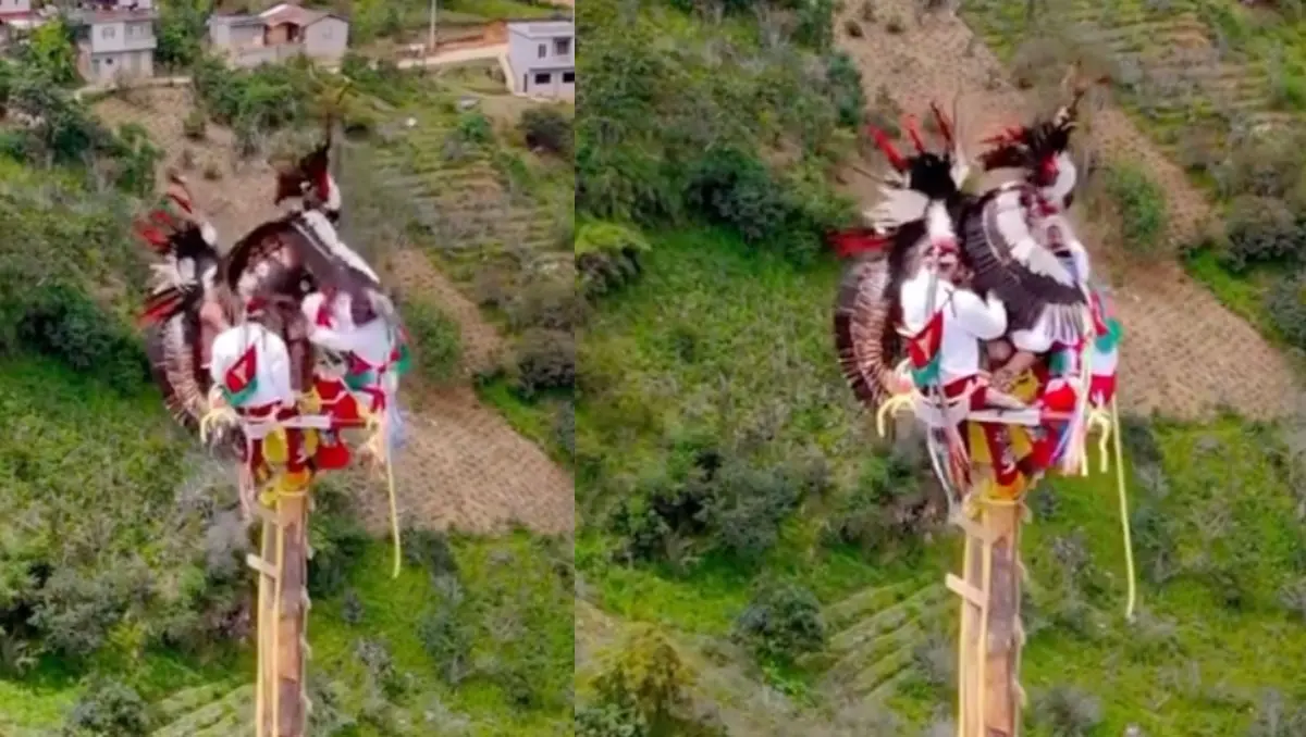 #Video: Salvan a volador de Papantla de caer de 20 metros de altura en Puebla