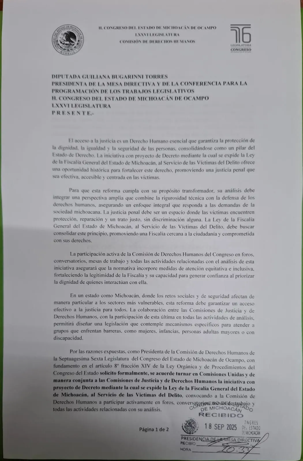 Xóchitl Ruiz solicita que la iniciativa de Ley de la Fiscalía General sea analizada con la participación de la Comisión de Derechos Humanos